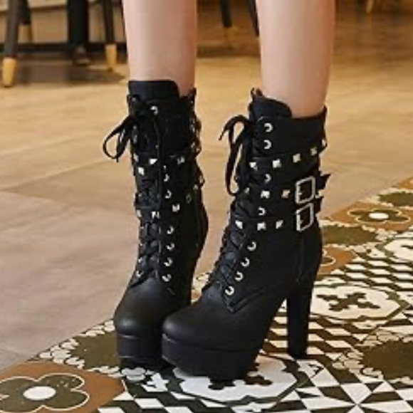 Autumn Round Toe Lace Up Ankle Buckle Chunky High Heel Platform Knight Boots - Picture 7 of 10
